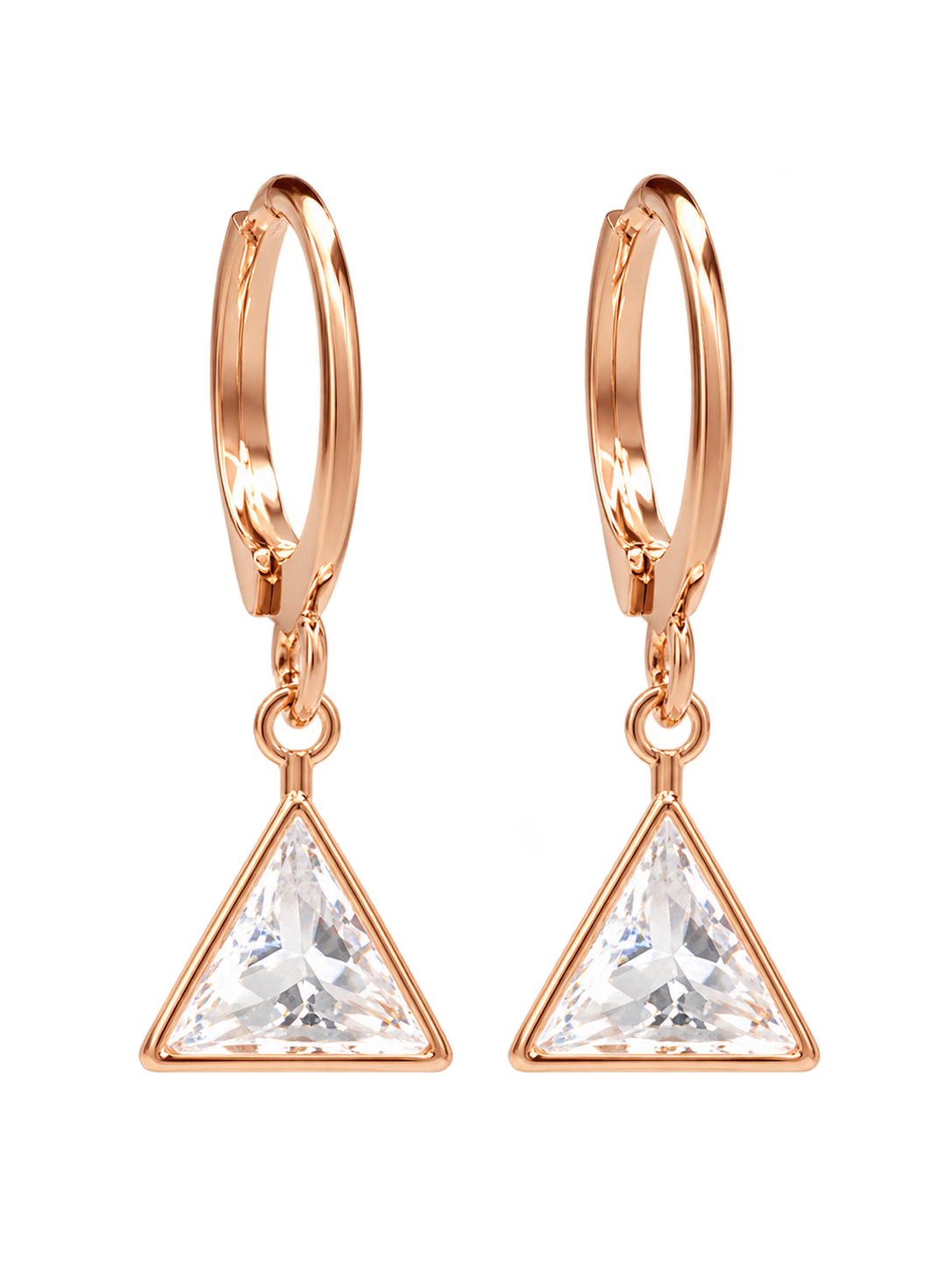 Pair of rose gold-tone hoop earrings with clear triangular crystal drops on a dark background