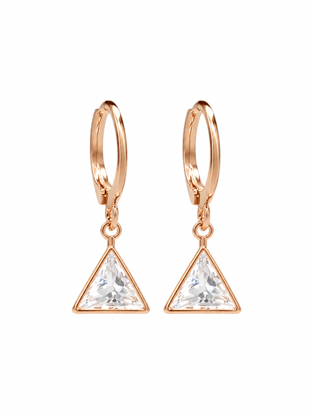 Pair of rose gold-tone hoop earrings with clear triangular crystal drops on a white background