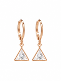 Pair of rose gold-tone hoop earrings with clear triangular crystal drops on a white background