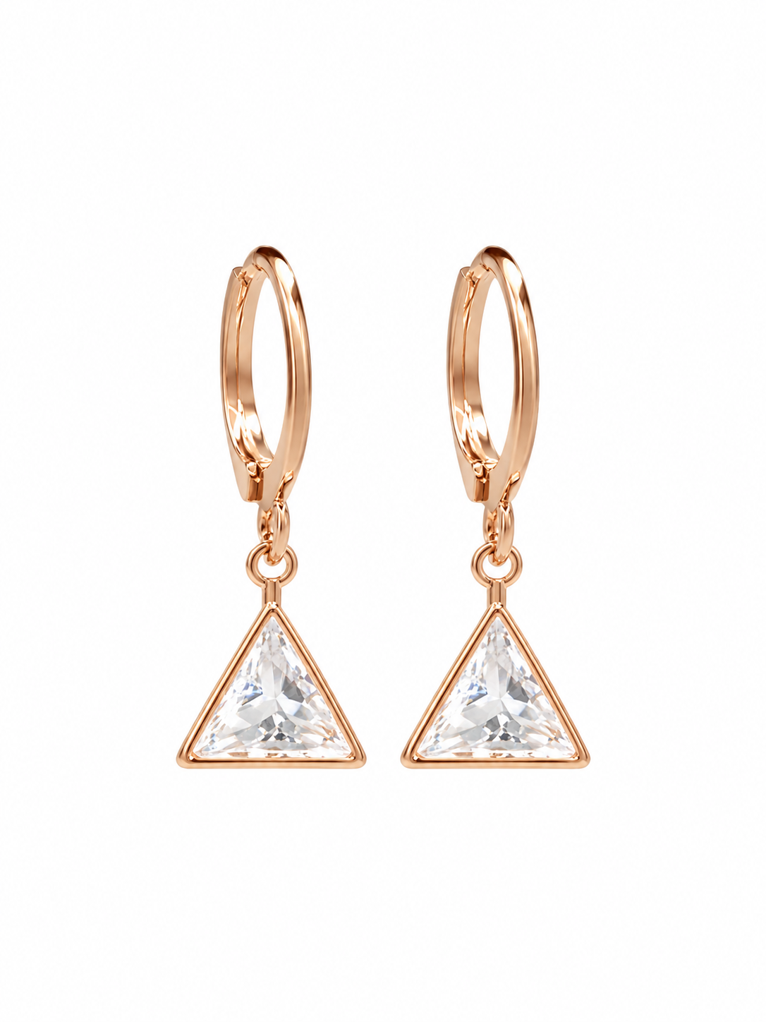 Pair of rose gold-tone hoop earrings with clear triangular crystal drops on a white background