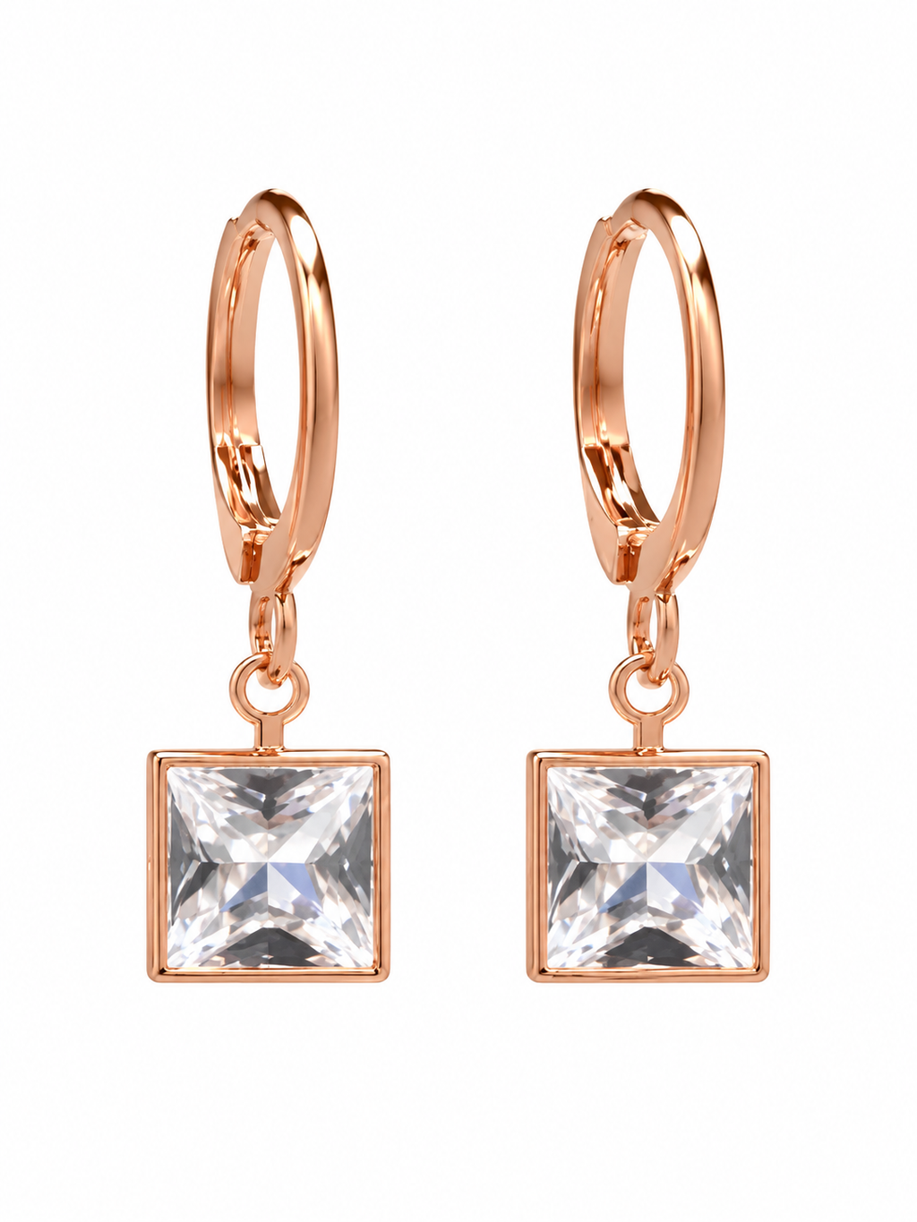 Rose Gold Square Crystal Drop Earrings - front view