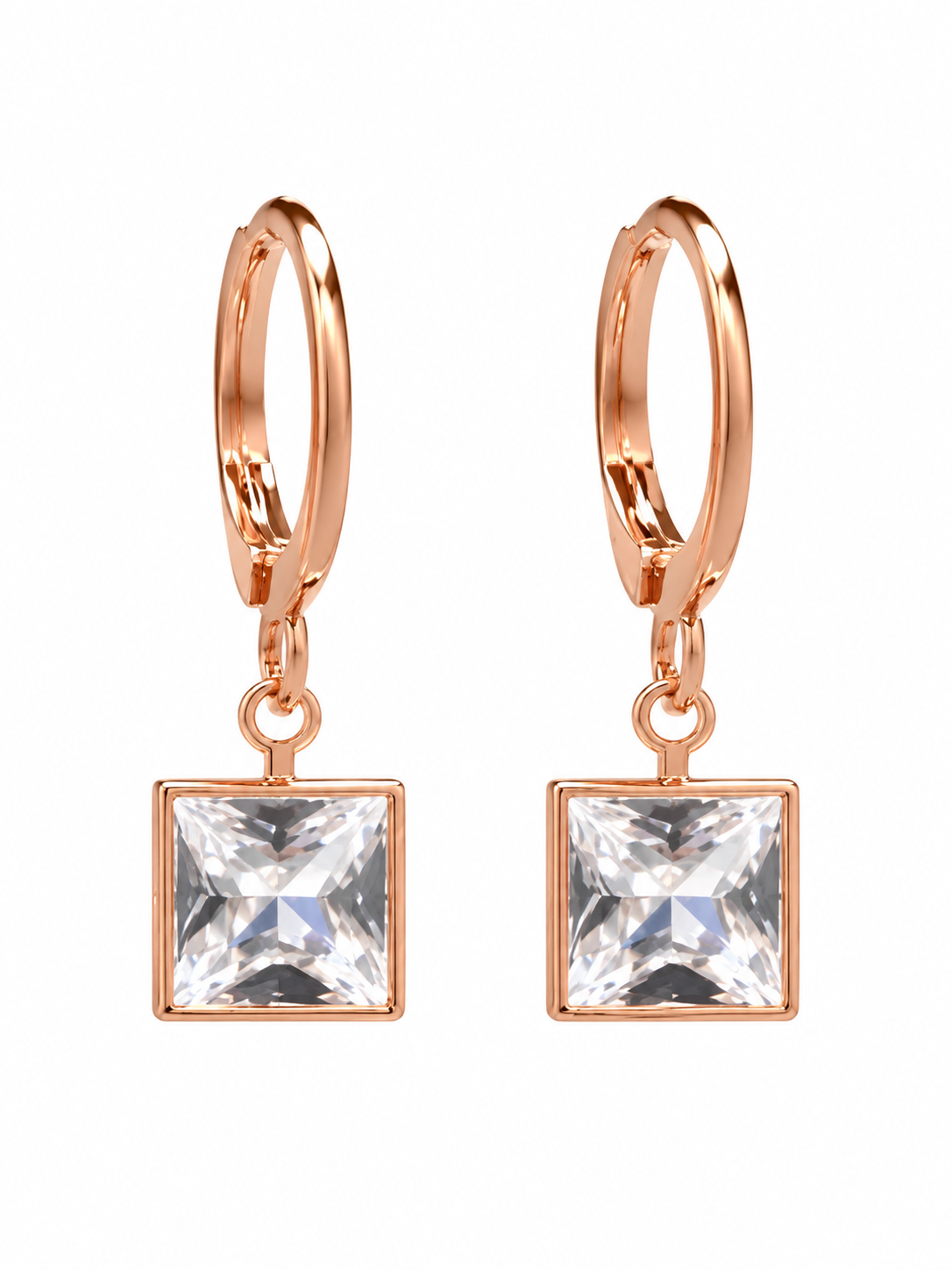 Rose Gold Square Crystal Drop Earrings - front view