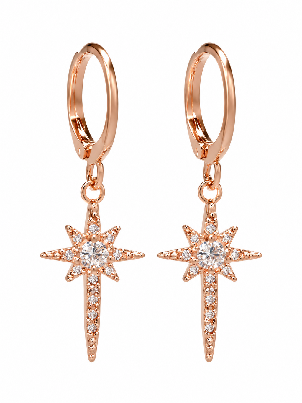 Rose gold starburst crystal drop earrings - front