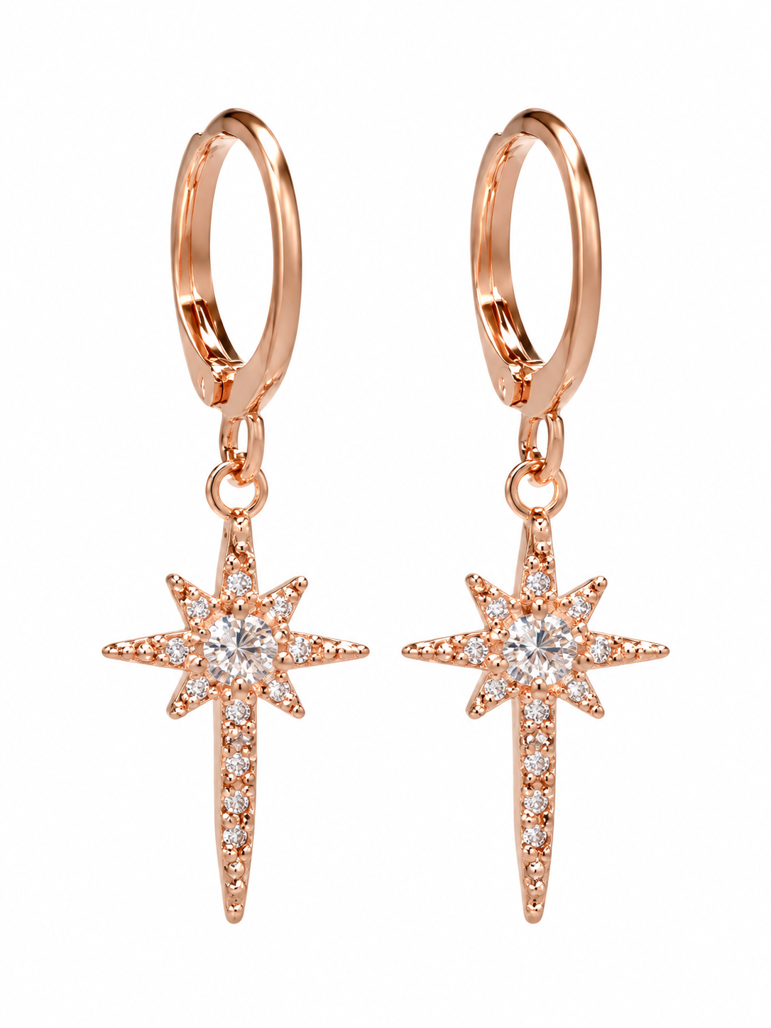 Rose gold starburst crystal drop earrings - front