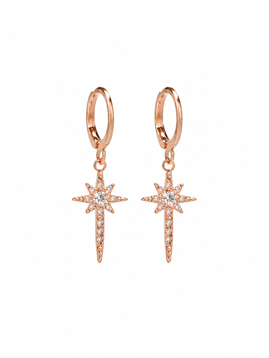 Rose gold starburst crystal drop earrings - close-up