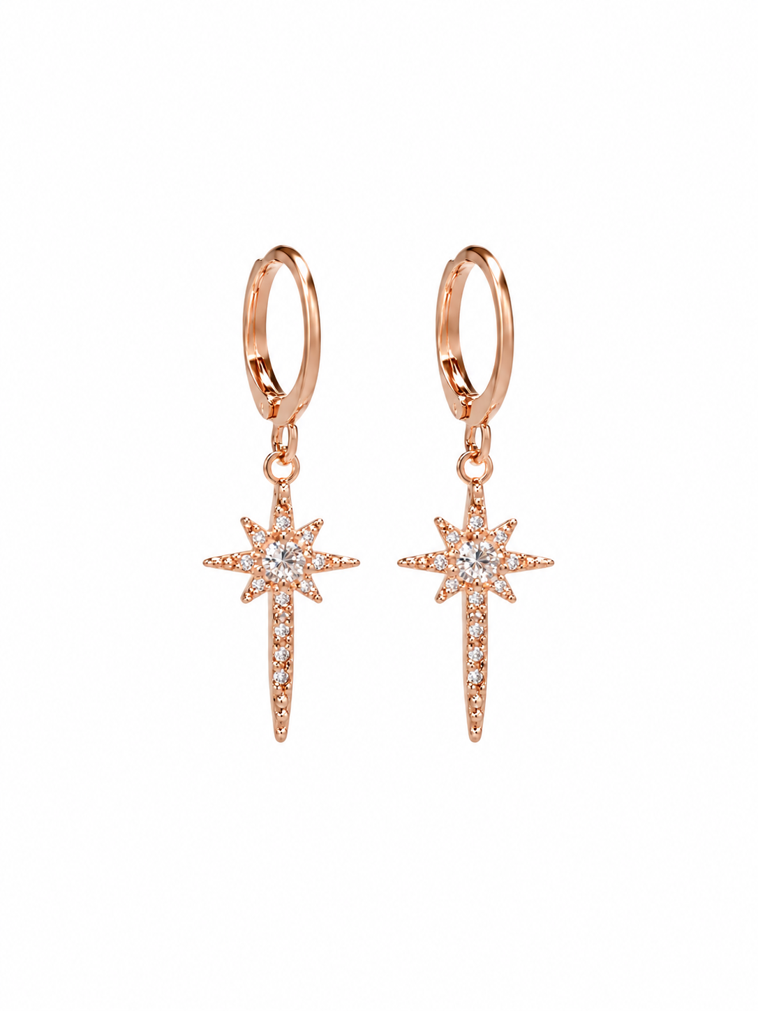 Rose gold starburst crystal drop earrings - close-up