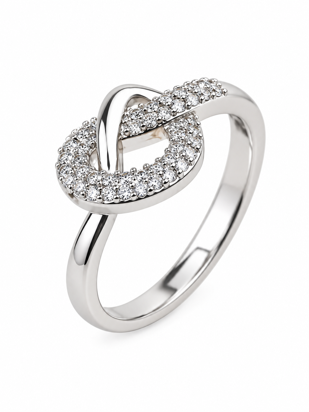 Silver-tone adjustable ring with intertwined swirl and clear stones