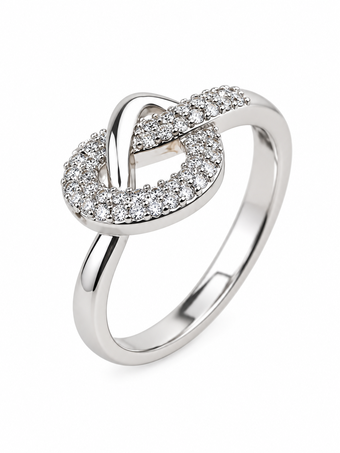 Silver-tone adjustable ring with intertwined swirl and clear stones