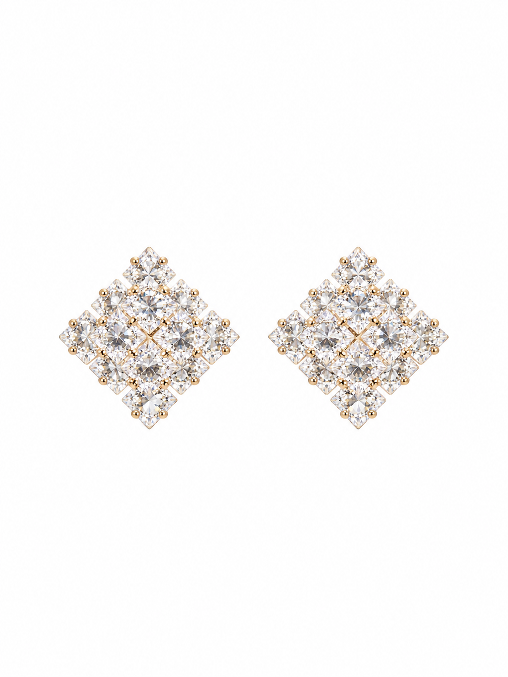 Diamond cluster stud earrings, close-up view