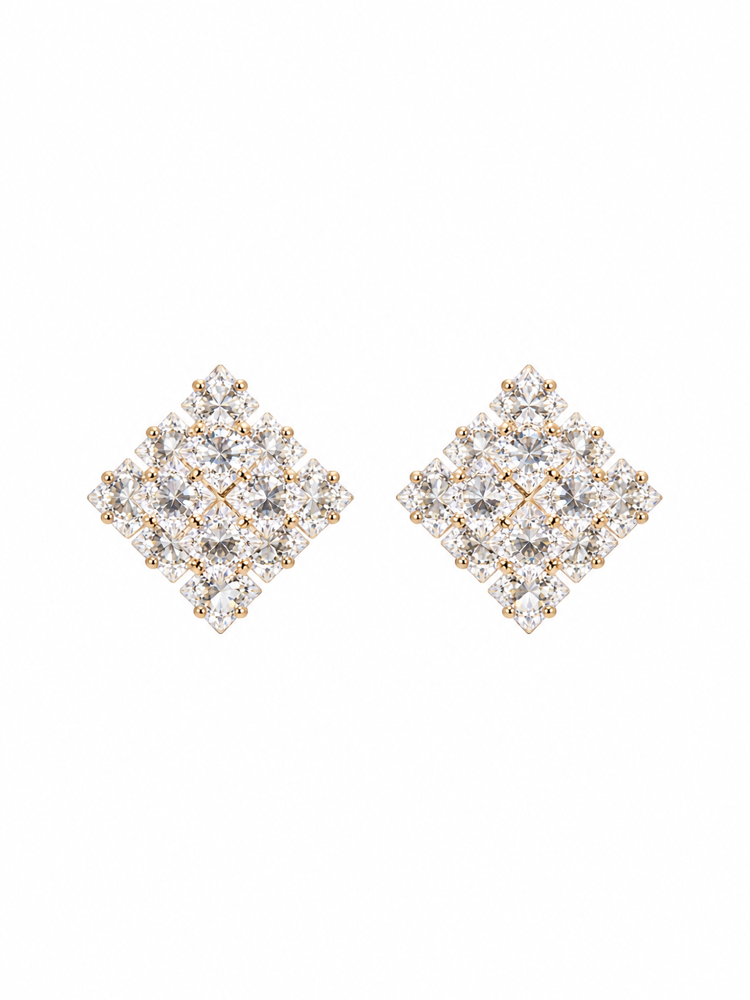 Diamond cluster stud earrings, close-up view