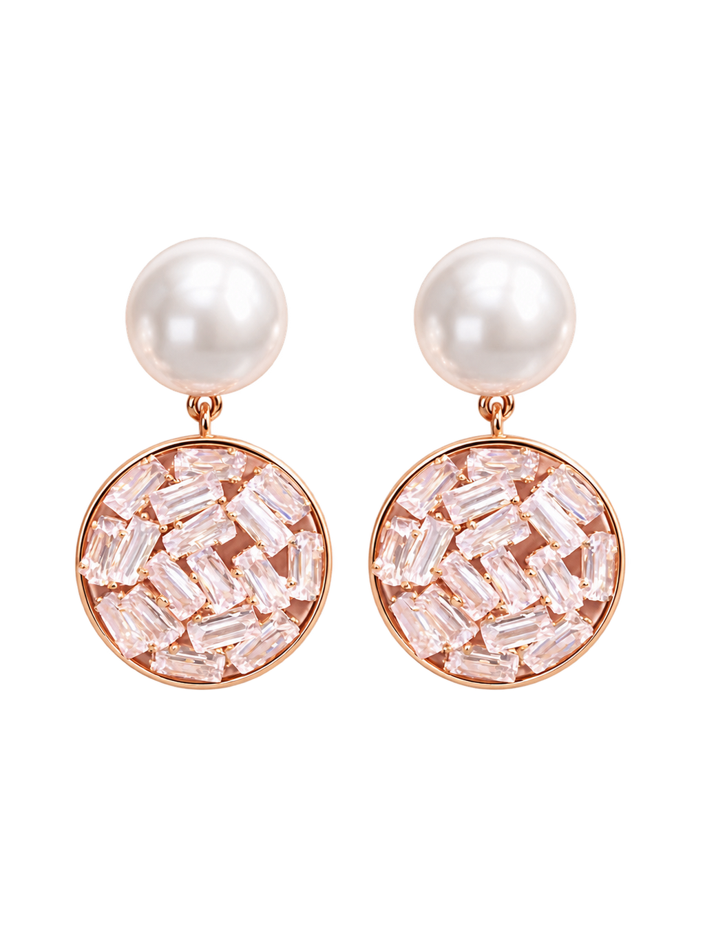 Pearl-look stud earrings with round crystal-set drops on white background