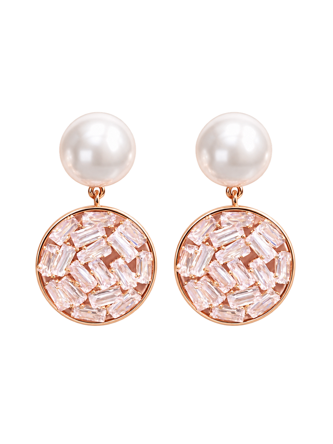 Pearl-look stud earrings with round crystal-set drops on white background