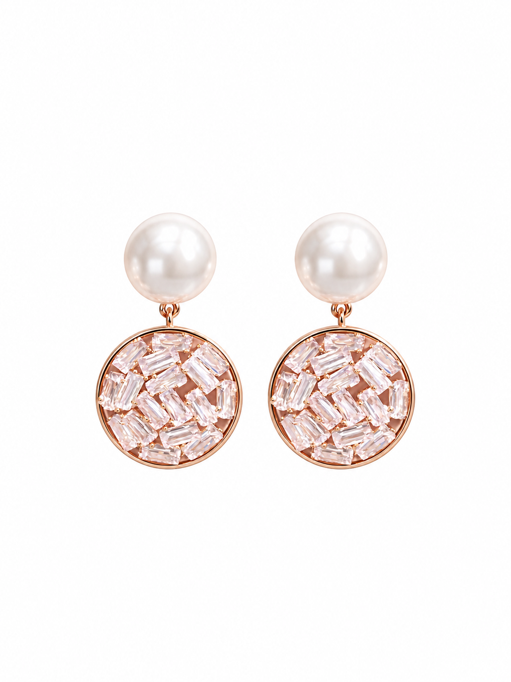Close-up of pearl-look studs and sparkling circular crystal drops