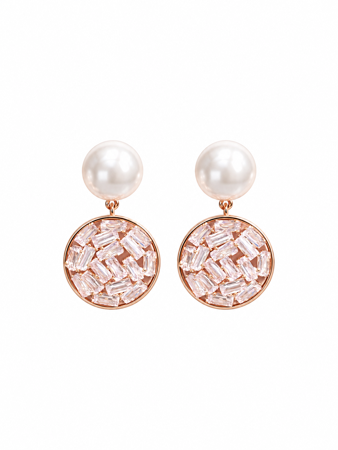 Close-up of pearl-look studs and sparkling circular crystal drops