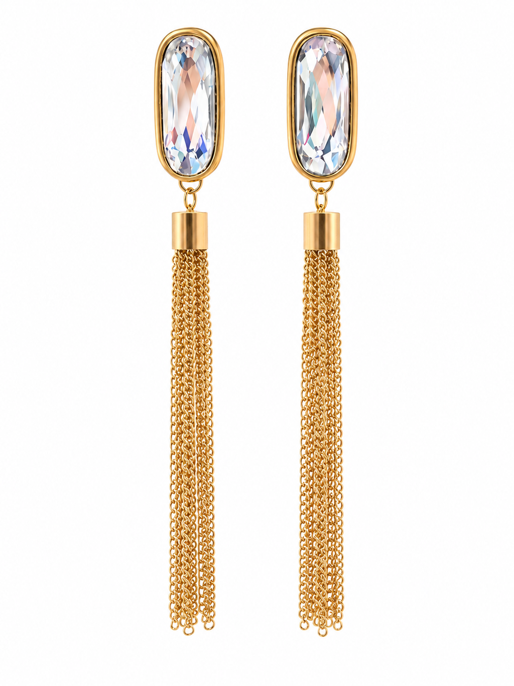 Pair of gold-tone chain tassel earrings with clear faceted accents