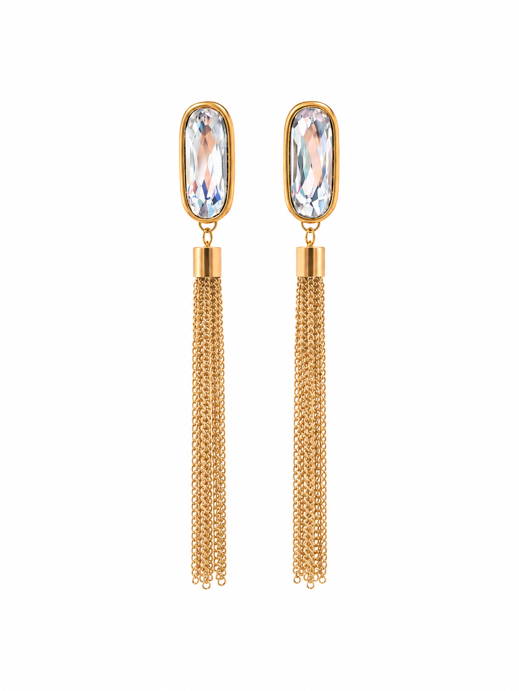 Close-up of gold-tone chain tassel earrings with clear faceted accents