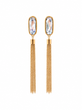Close-up of gold-tone chain tassel earrings with clear faceted accents