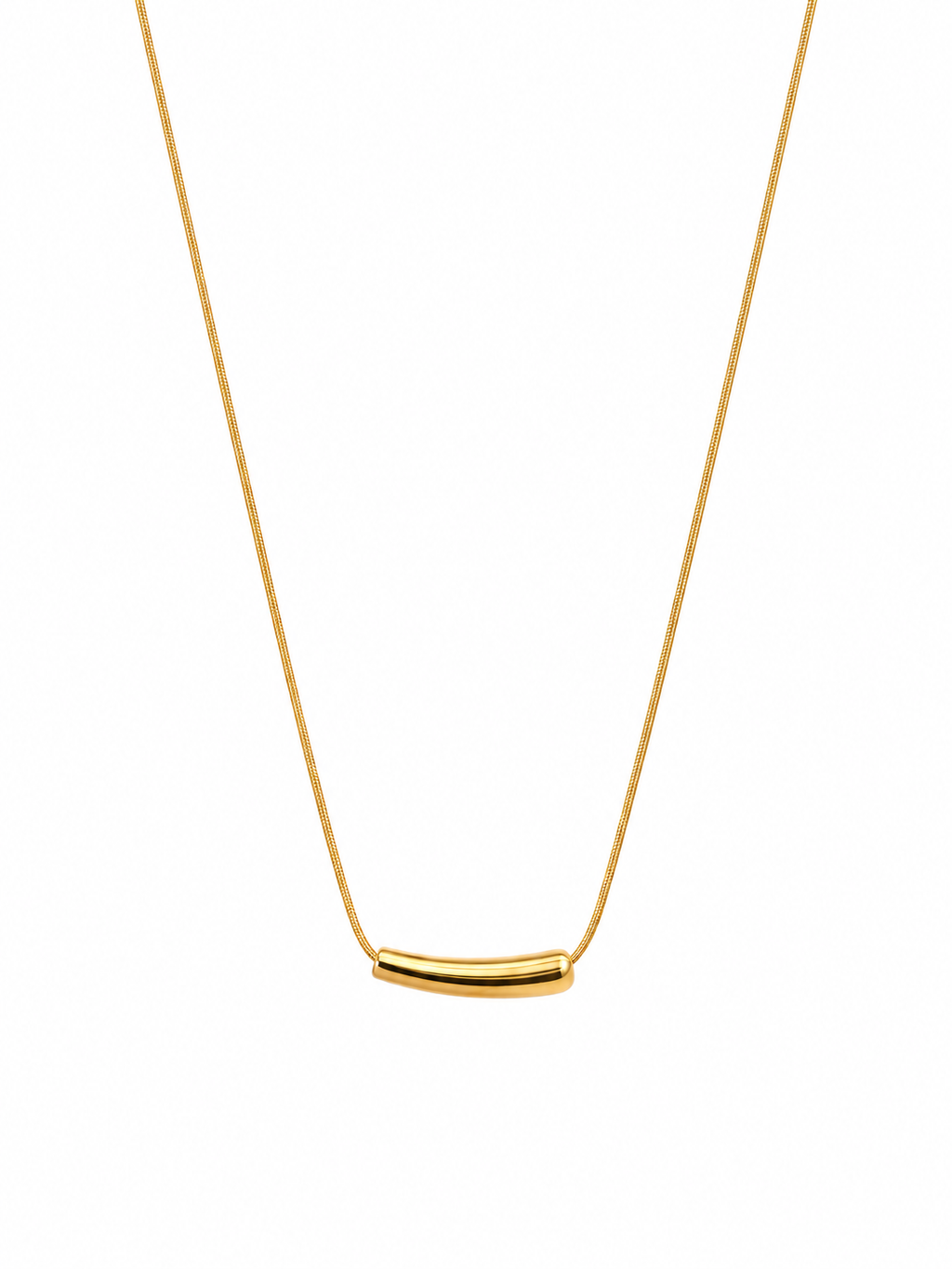 Close-up of a gold-tone bar necklace on a white background