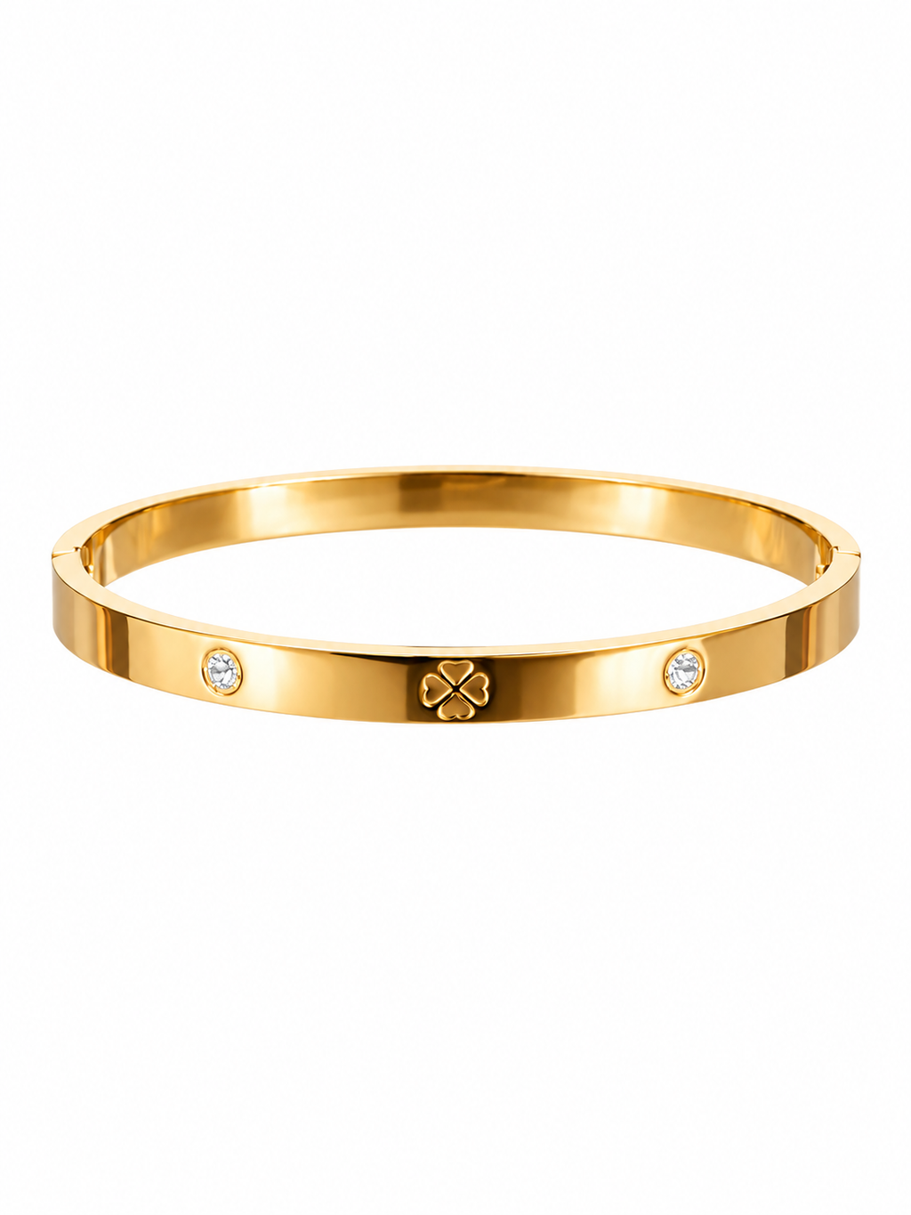 Gold-tone bangle bracelet with clover motif and crystal accents