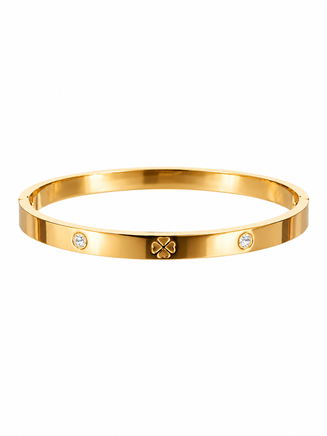 Gold-tone bangle bracelet with clover motif and crystal accents