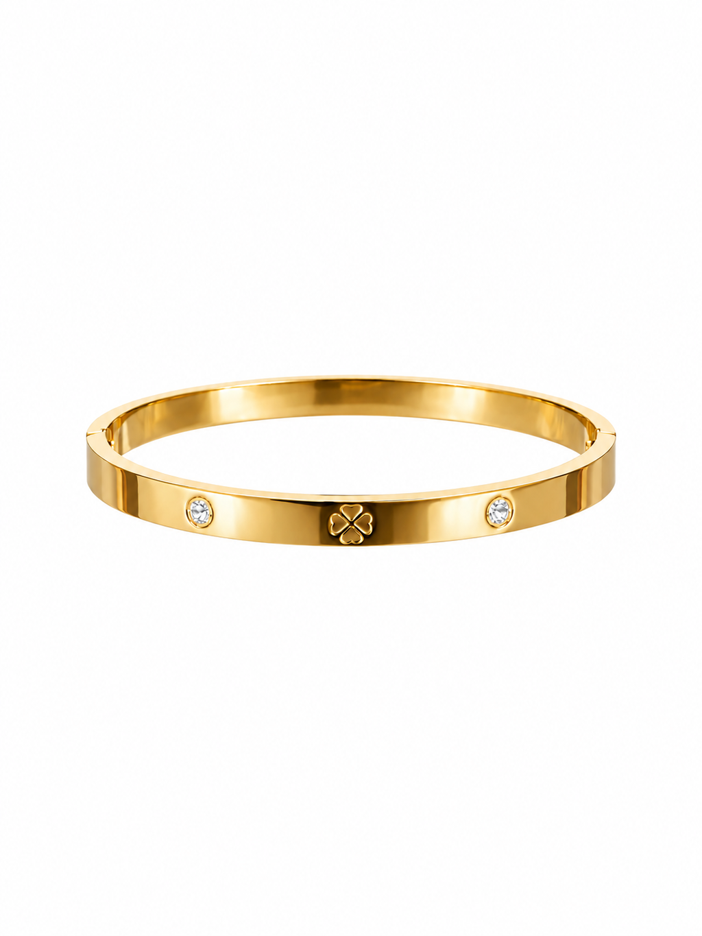 Side view of gold-tone clover bangle bracelet with crystal accents