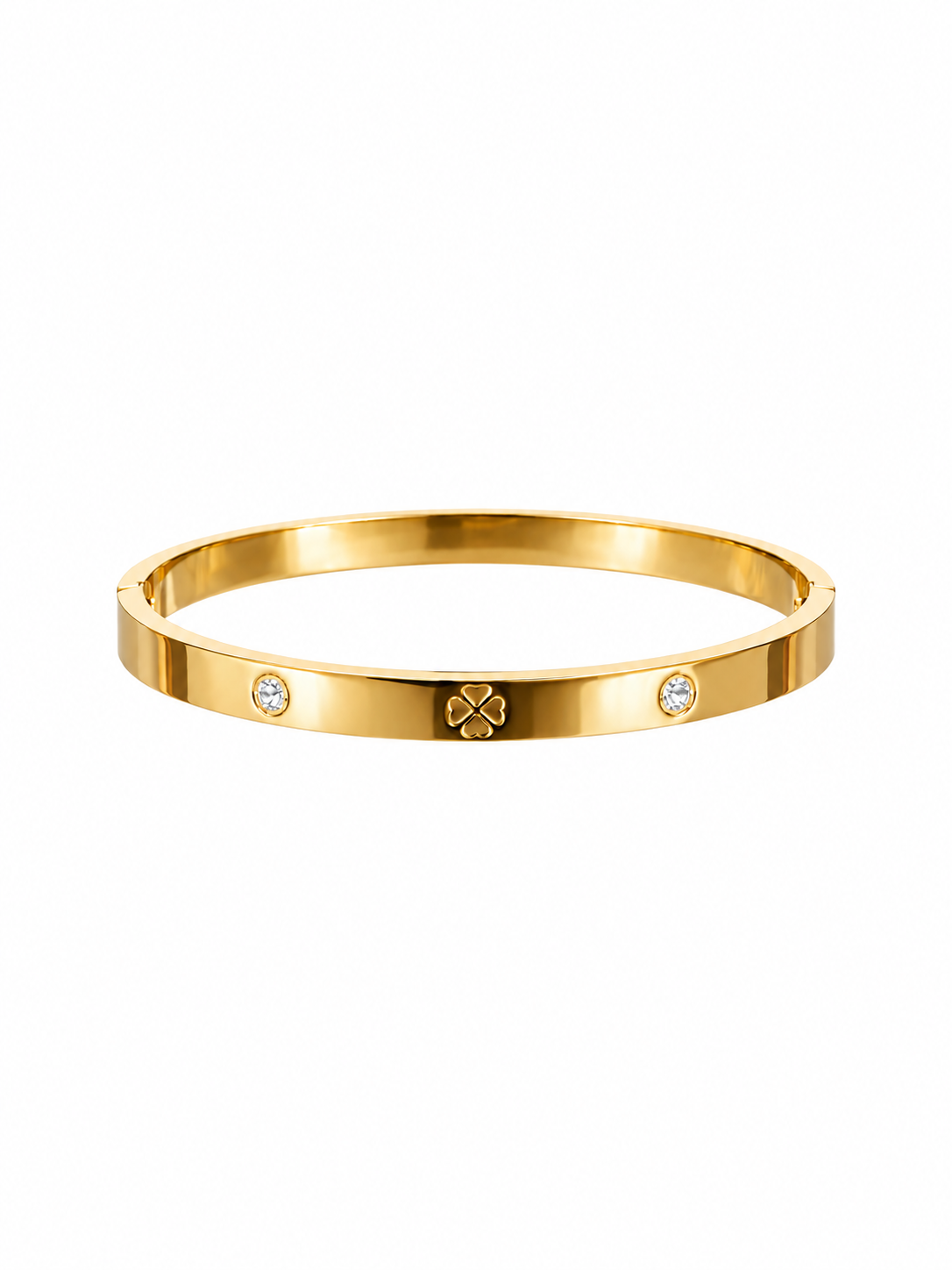 Side view of gold-tone clover bangle bracelet with crystal accents