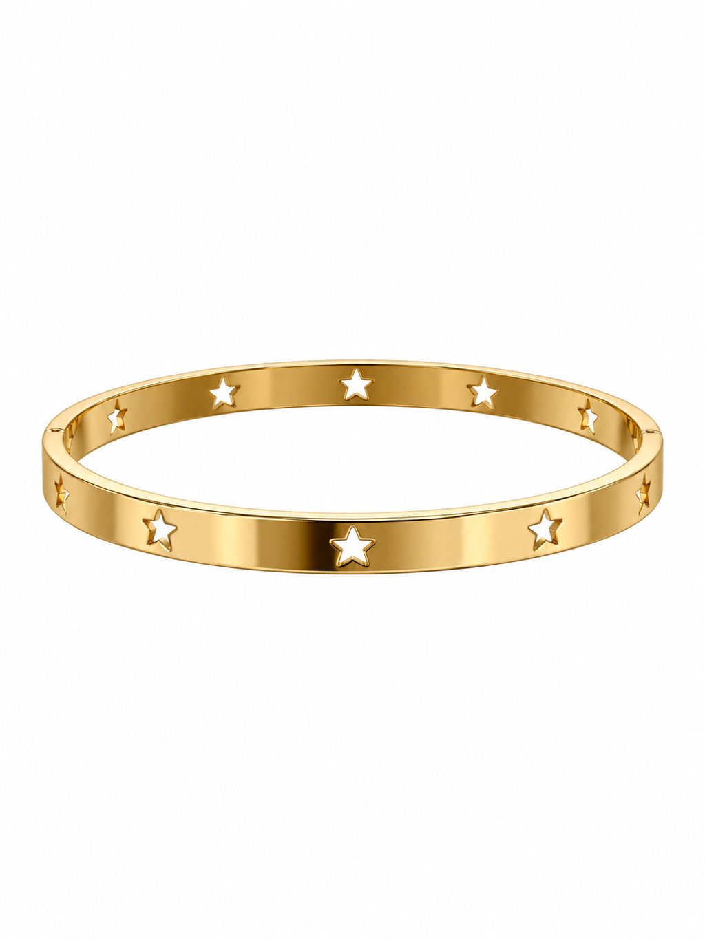 Gold-tone bangle bracelet with star cut-outs, front view