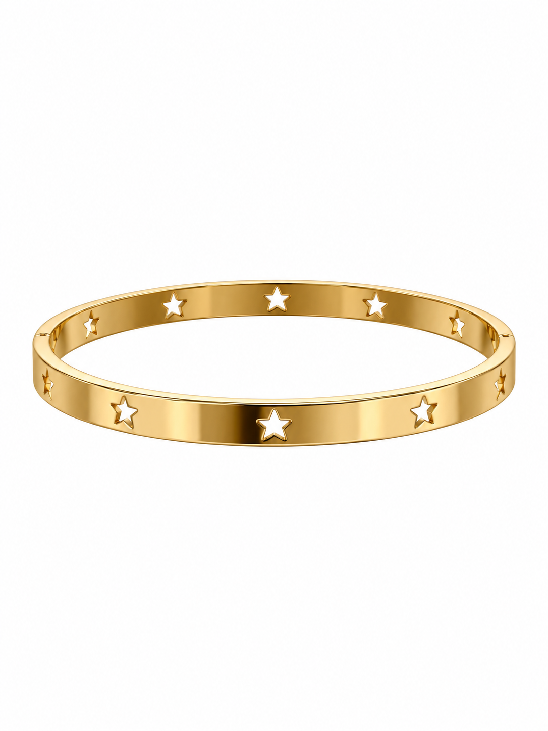 Gold-tone bangle bracelet with star cut-outs, front view