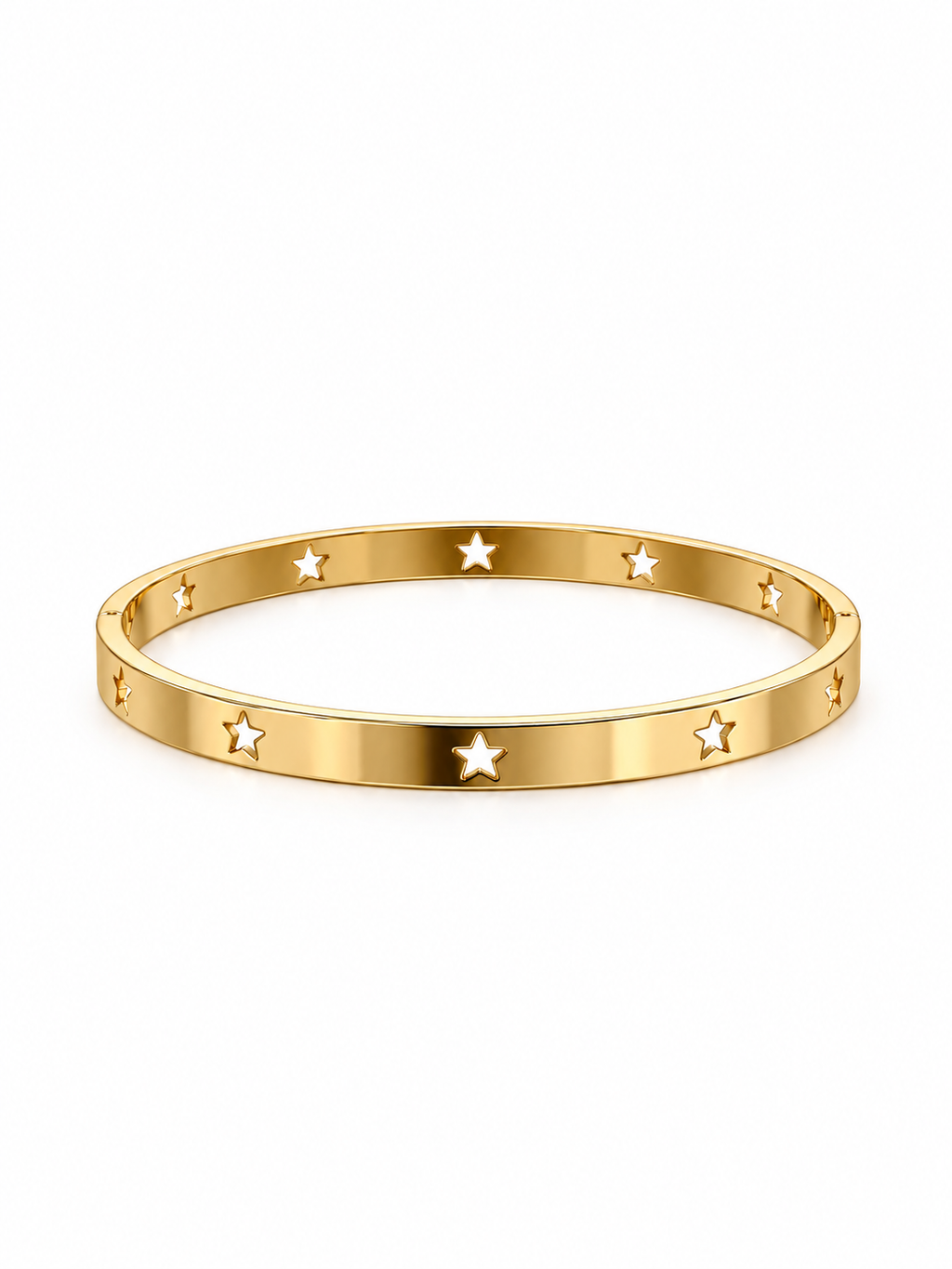 Gold-tone star cut-out bangle bracelet shown at an angle