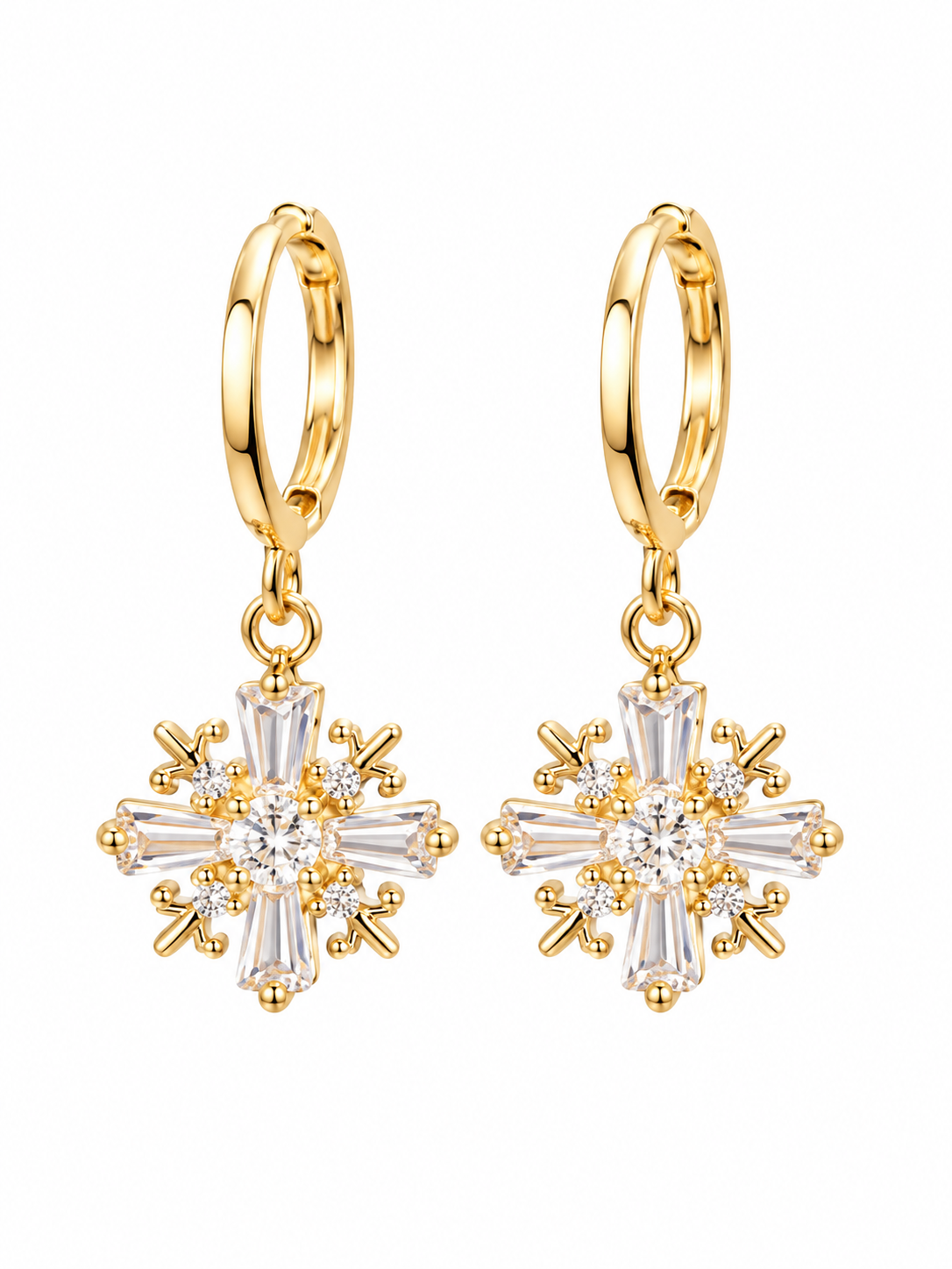 Gold snowflake cross CZ drop earrings