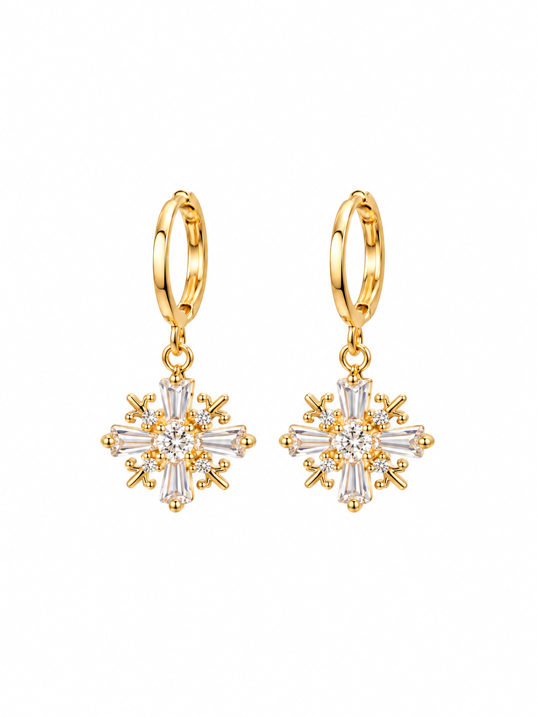 Gold snowflake cross CZ drop earrings close up