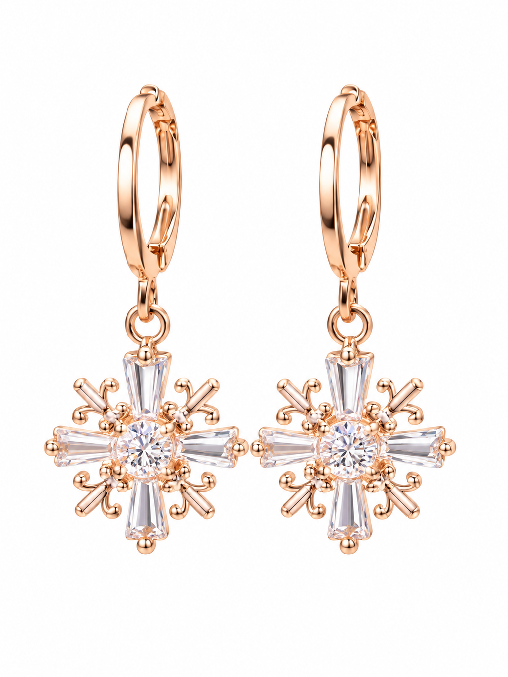 Pair of rose gold-tone hoop earrings with clear crystal snowflake-inspired charms, close-up