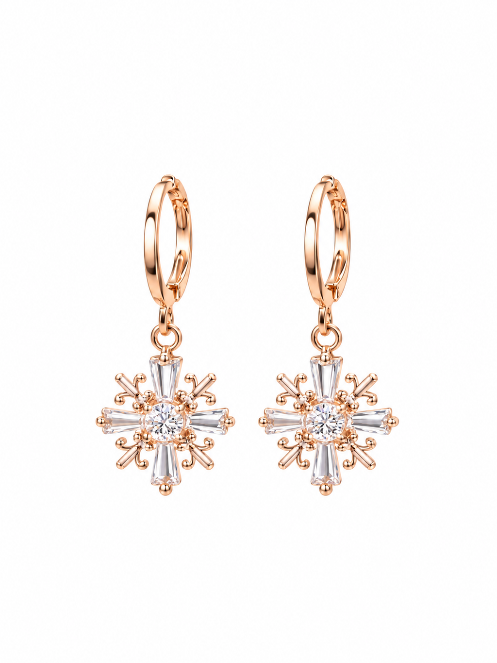 Pair of rose gold-tone hoop earrings with dangling crystal snowflake-inspired charms