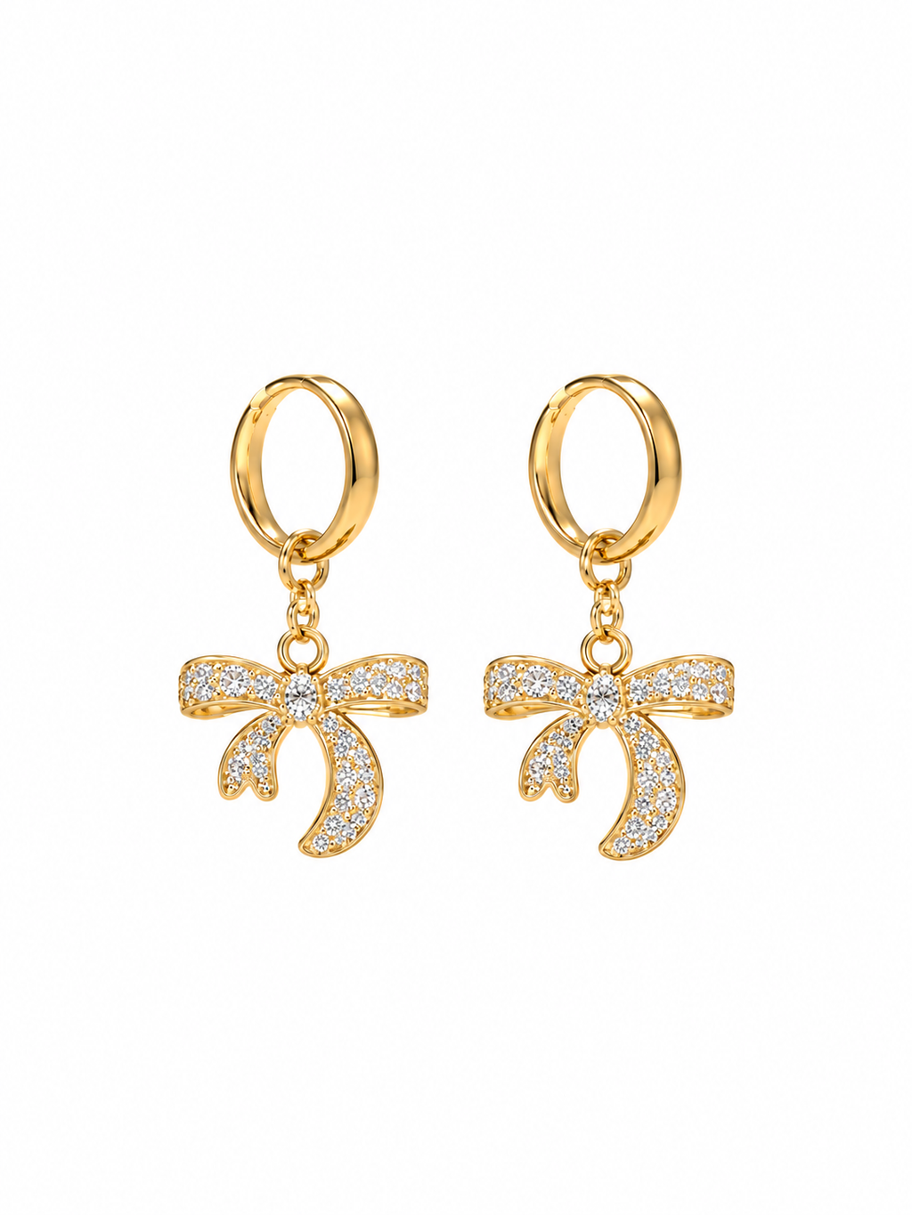 Pair of gold-tone hoop earrings with dangling stone-studded bow charms