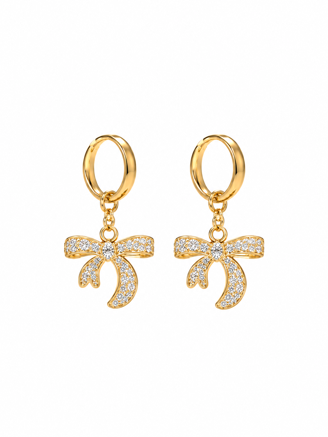 Pair of gold-tone hoop earrings with dangling stone-studded bow charms