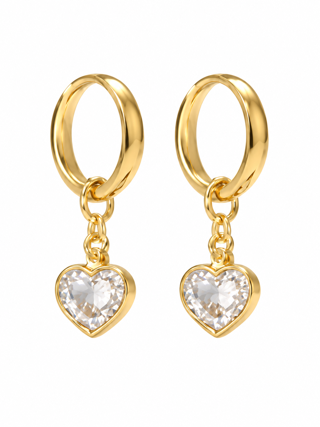 Pair of gold-tone hoop earrings with clear heart-shaped dangling charms