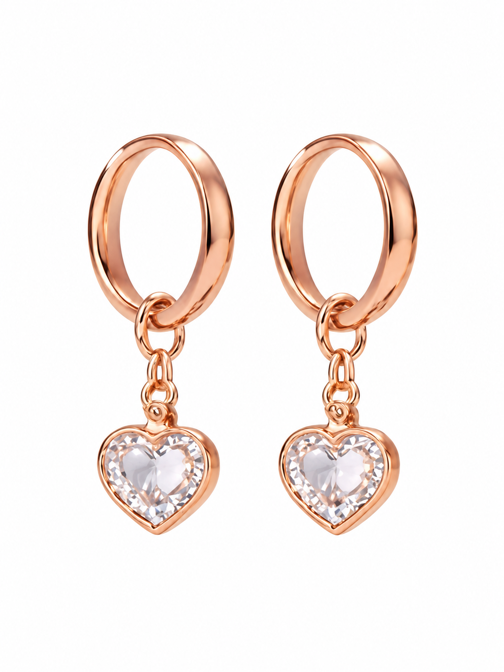 Pair of rose gold-tone hoop earrings with clear heart-shaped dangling charms