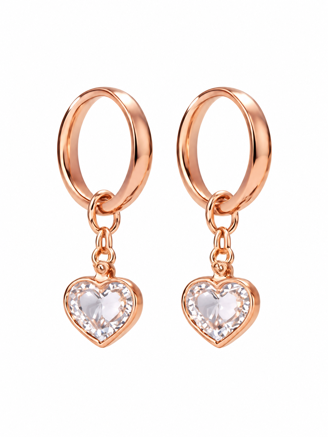 Pair of rose gold-tone hoop earrings with clear heart-shaped dangling charms