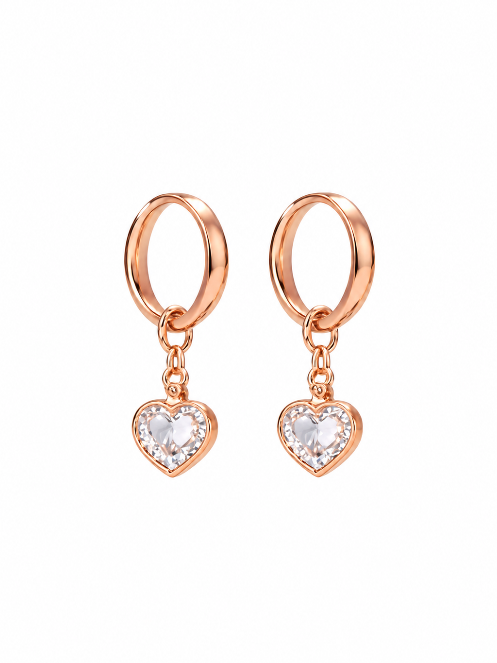 Rose gold-tone heart charm hoop earrings on white background