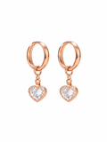 Rose gold-tone heart charm hoop earrings on white background