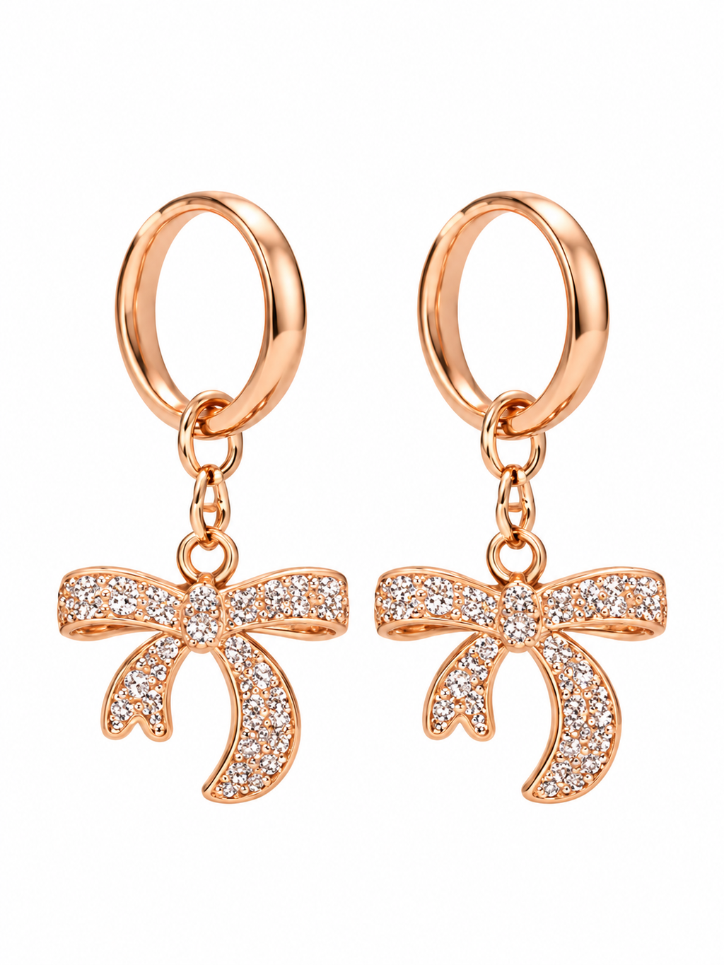 Rose gold bow drop earrings front view