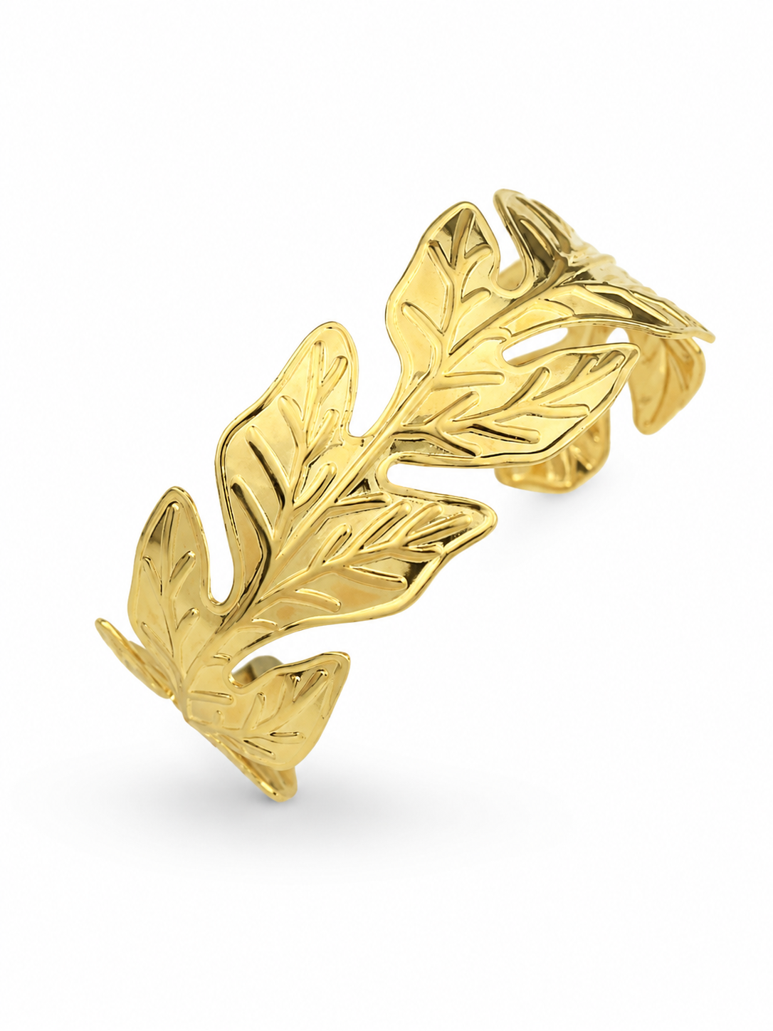 Gold leaf cuff bracelet in 316L stainless steel with gold-tone finish