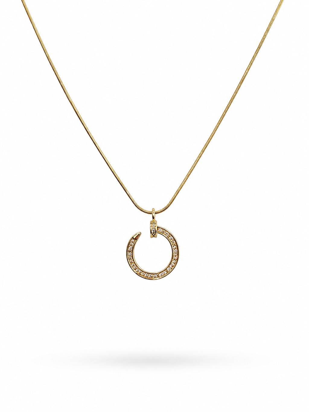 Crystal circle pendant necklace on gold snake chain