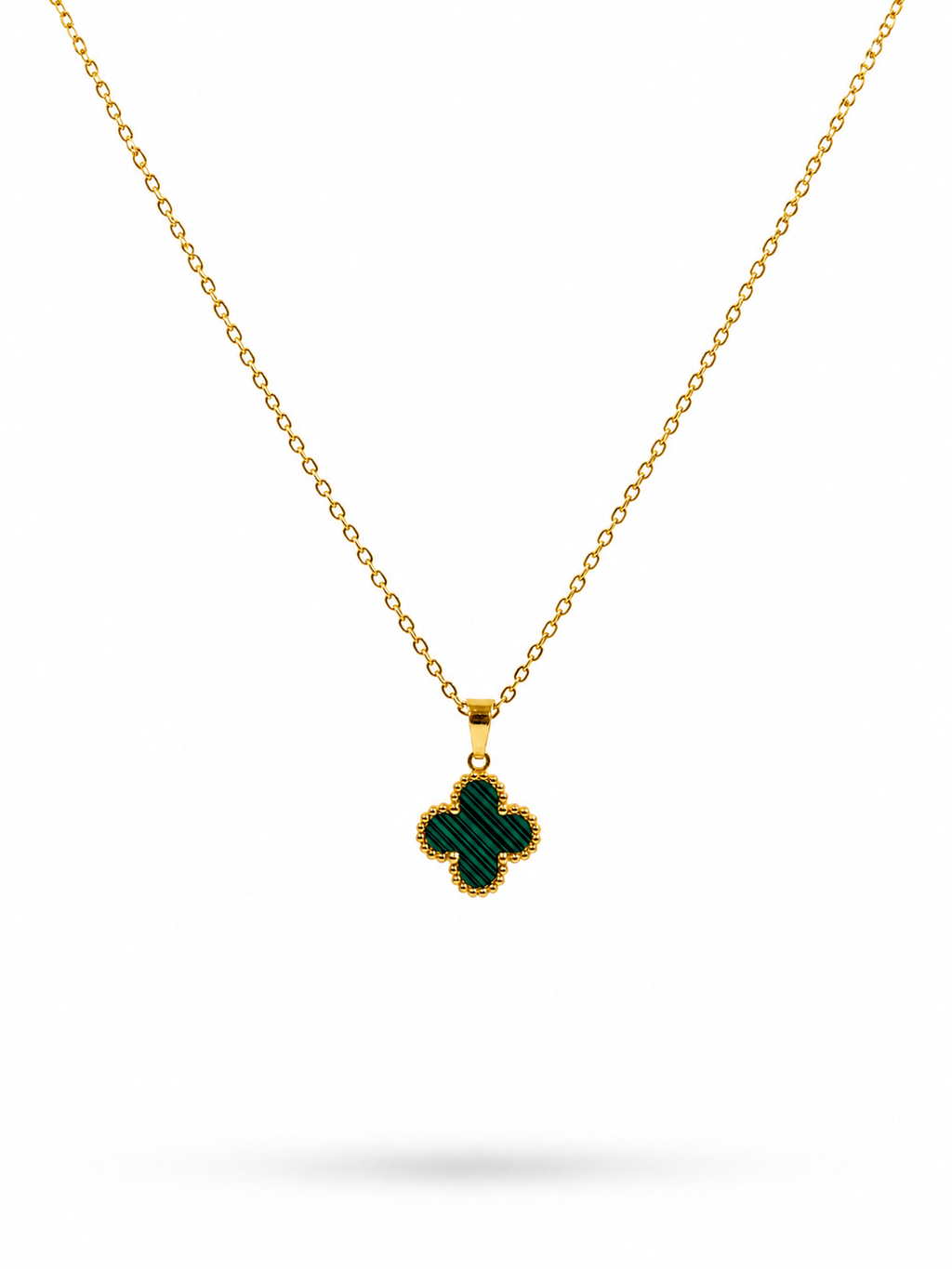 Malachite clover pendant necklace on gold cable chain