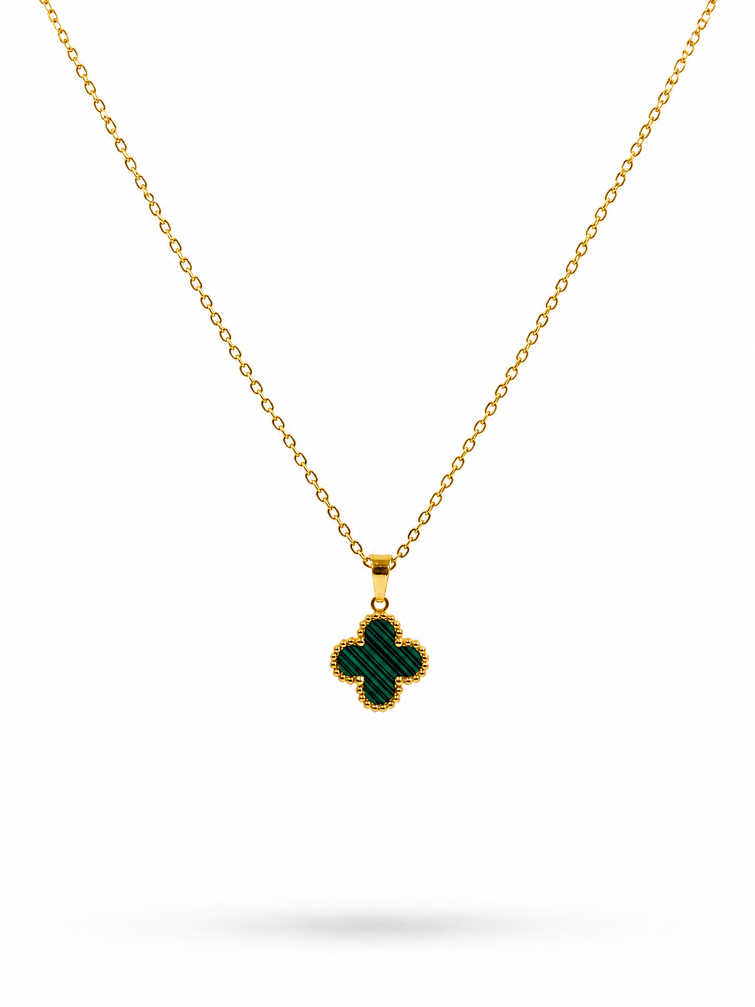 Malachite clover pendant necklace on gold cable chain