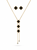 Black clover lariat necklace and stud earring set in gold tone