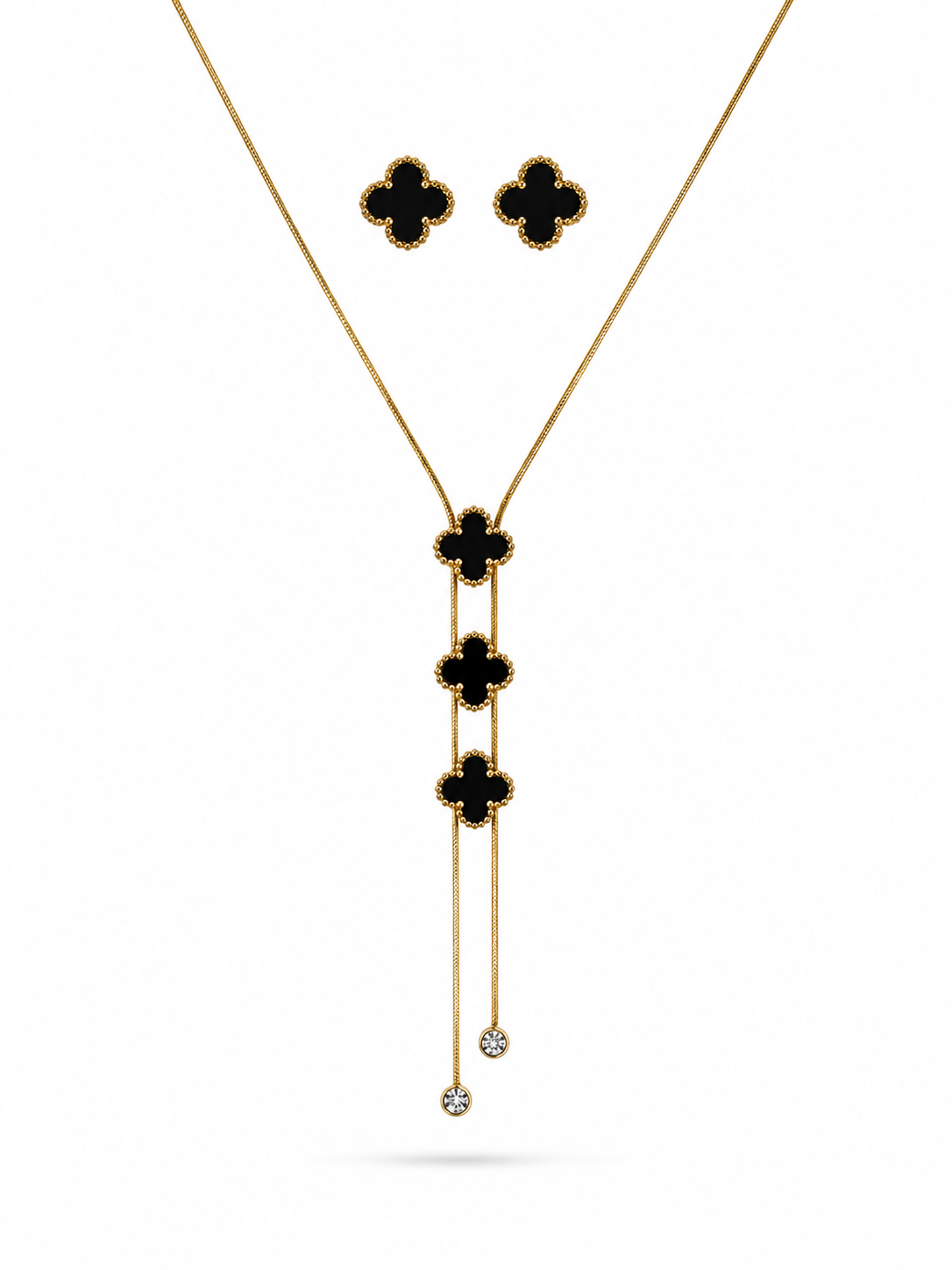 Black clover lariat necklace and stud earring set in gold tone