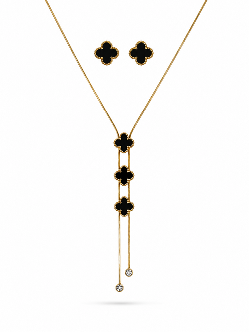 Black clover lariat necklace and stud earring set in gold tone