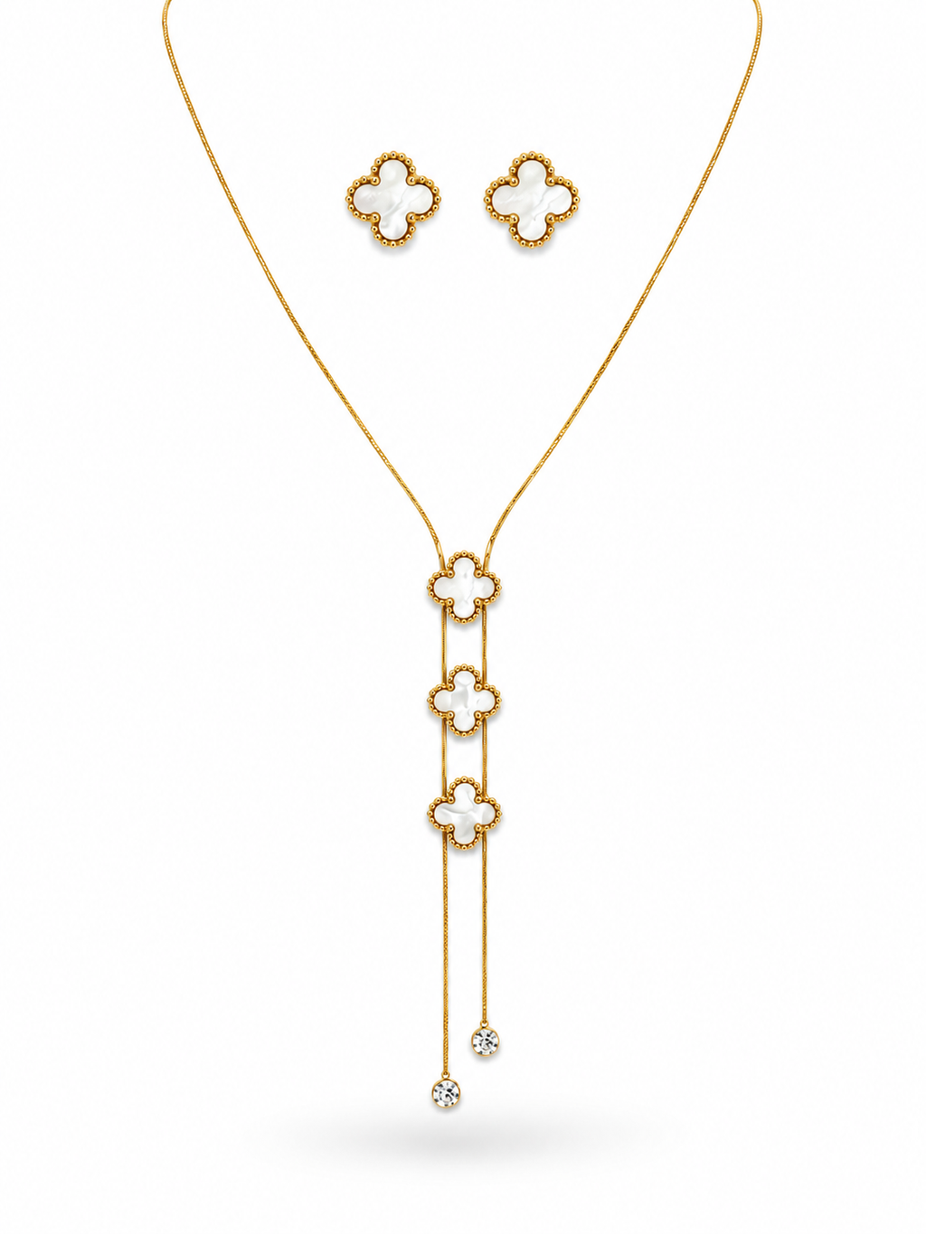 Clover Lariat Necklace and Earring Set in gold-tone 316L stainless steel with mother-of-pearl inlay