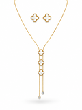 Clover Lariat Necklace and Earring Set in gold-tone 316L stainless steel with mother-of-pearl inlay